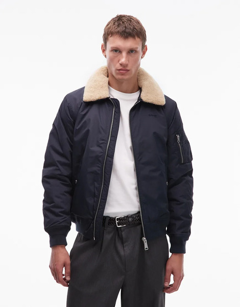  Schott Chaqueta Corta Azul Marino Acolchada Con Bolsillo De Parche Con Cremallera, Logo Y Solapas De Piel Sintética De Schott-verde 