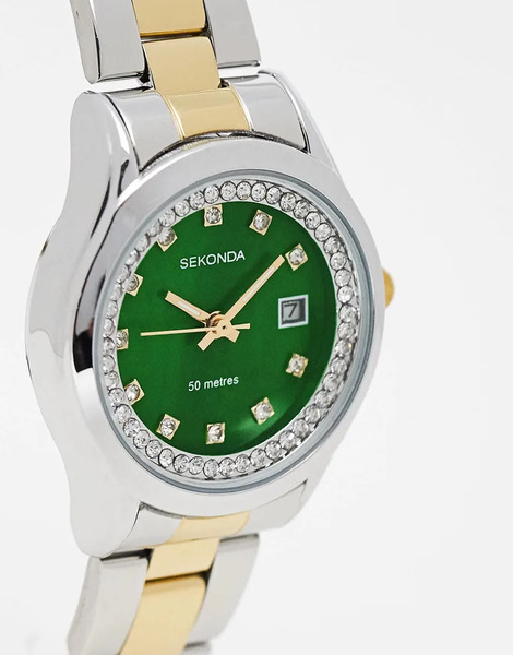  Sekonda Reloj Analógico Con Caja Redonda De Aleación De 27 Mm, Esfera Verde Y Pulsera De Acero Inoxidable En Dos Tonos Para Mujer Catherine De Sekonda 