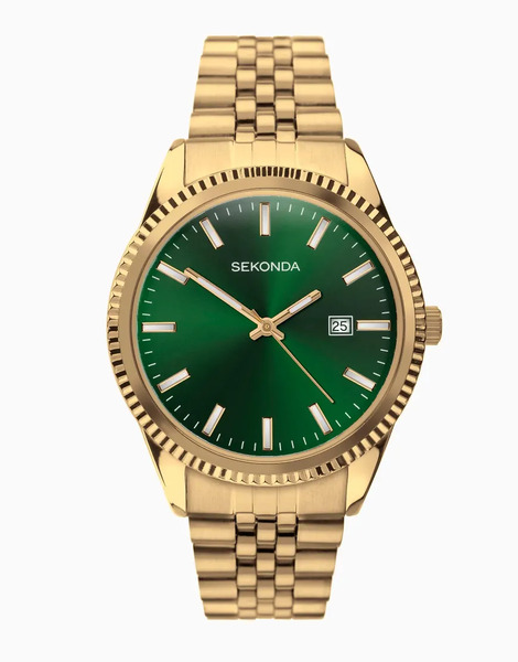  Sekonda Reloj Analógico Dorado Para Hombre Con Caja Redonda De 40 Mm De Aleación, Esfera Verde Y Pulsera De Acero Inoxidable King De Sekonda 