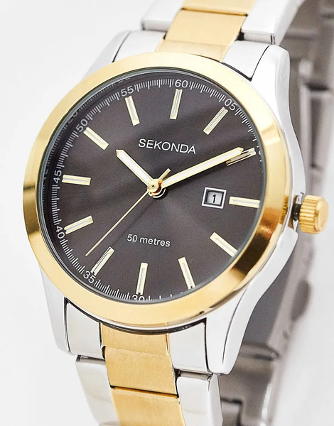  Sekonda Reloj Analógico En Dos Tonos Para Mujer Con Caja Redonda De 34 Mm De Aleación, Esfera Gris Y Pulsera De Acero Inoxidable Taylor De Sekonda 