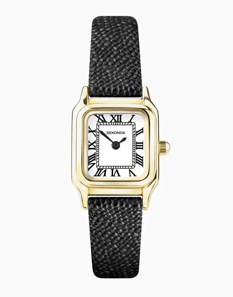  Sekonda Reloj Analógico Para Mujer Con Caja Rectangular Dorada De 20 Mm De Aleación, Esfera Blanca Y Correa Negra De Cuero Monica De Sekonda-blanco 