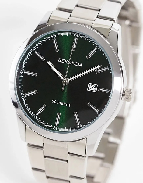  Sekonda Reloj Analógico Plateado Para Hombre Con Caja Redonda De 41 Mm De Aleación, Esfera Verde Y Pulsera De Acero Inoxidable Taylor De Sekonda 