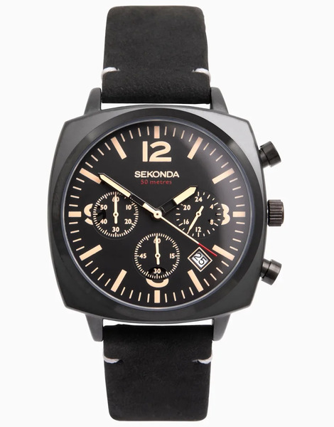  Sekonda Reloj Negro Para Hombre Con Cronómetro, Caja Cuadrada De 40 Mm De Aleación Y Correa De Cuero Airborne De Sekonda 