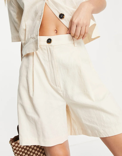  Selected Pantalones Cortos Largos Color Crudo De Mezcla De Lino De Selected Femme (parte De Un Conjunto)-blanco 