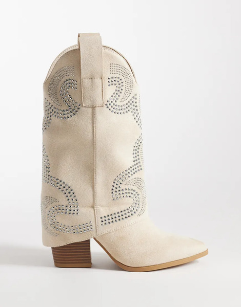  Seqwl Botas Por La Rodilla Color Crema De Estilo Wéstern Con Abalorios Y Acabado Microtexturizado De Seqwl-blanco 