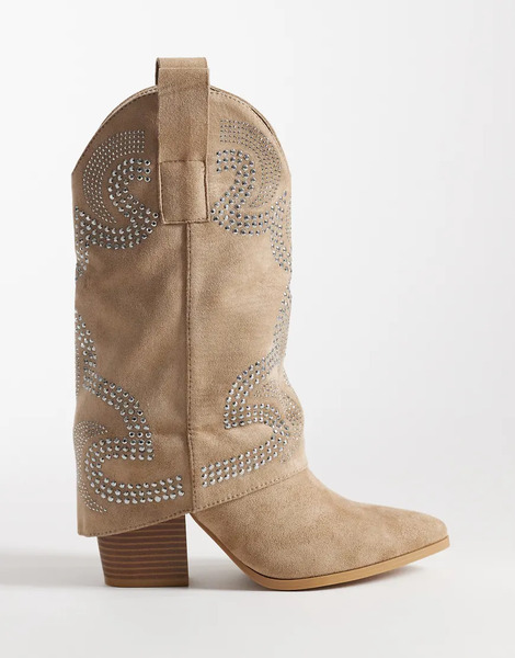  Seqwl Botas Por La Rodilla Marrón Topo De Estilo Wéstern Con Abalorios Y Acabado Microtexturizado De Seqwl-neutro 