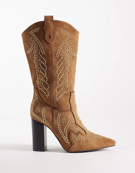  Seqwl Botas Por La Rodilla Tostadas De Estilo Wéstern Con Abalorios Y Acabado Microtexturizado De Seqwl-brown 
