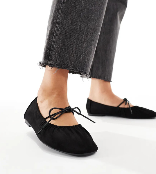  Seqwl Wide Fit Bailarinas Negras Fruncidas Con Detalle De Lazada Y Acabado Microtexturizado Iris De Seqwl Wide Fit-negro 
