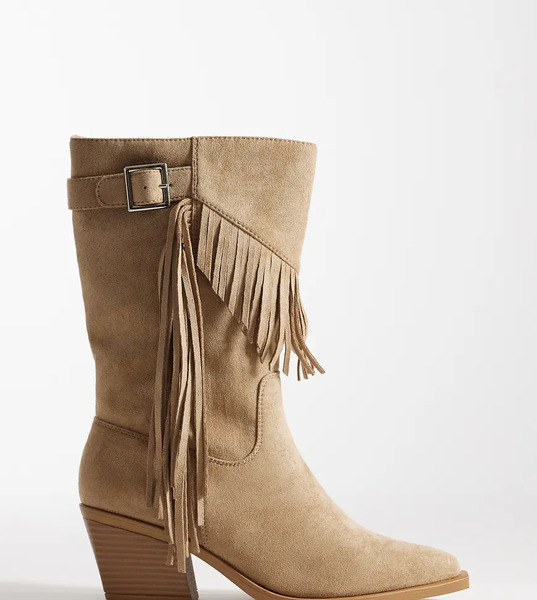  Seqwl Wide Fit Botas Por La Rodilla Color Arena Estilo Wéstern Con Hebilla, Flecos Y Acabado Microtexturizado De Seqwl Wide Fit-neutro 