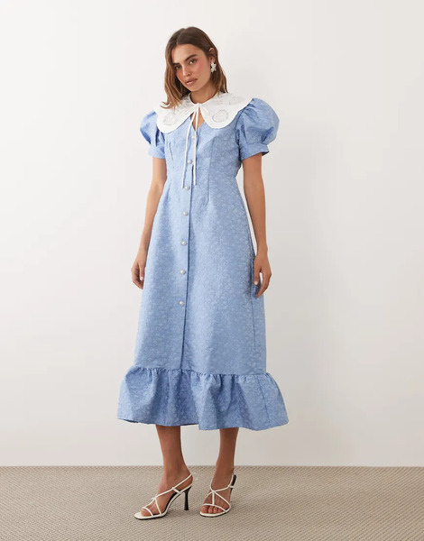  Sister Jane Sister Jane - Alice - Vestido Midi Azul De Jacquard Con Bajo De Volantes Y Solapas Desmontables De Encaje 