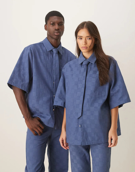  Sister Jane Mens Camisa Vaquera Azul A Cuadros Dameros Unisex De Corte Cuadrado De Sister Jane (parte De Un Conjunto) 