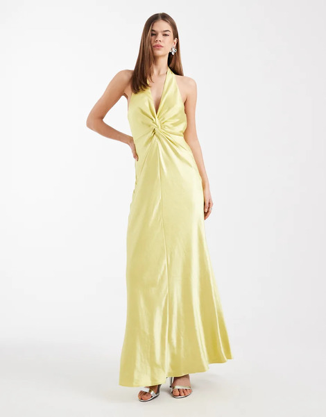  Six Stories Vestido De Dama De Honor Largo Amarillo Escotado Con Cuello Halter Y Detalle Retorcido De Satén De Six Stories-verde 