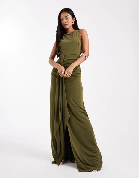  Six Stories Vestido De Dama De Honor Largo Verde Elástico Sin Mangas Con Cuello Alto Y Parte Delantera Fruncida De Six Stories 