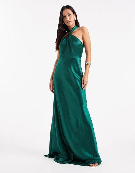  Six Stories Vestido De Dama De Honor Largo Verde Esmeralda Con Cuello Halter Y Detalle Retorcido De Satén De Six Stories 
