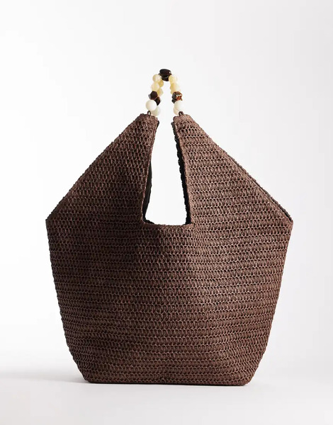  South Beach Bolso Tote De Hombro Marrón Chocolate Extragrande Con Diseño Efecto Paisaje Y Asa De Cuentas De Resina De South Beach-brown 