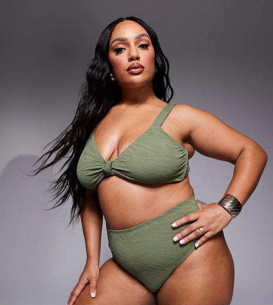  South Beach Curve Braguitas De Bikini Caqui De Talle Y Pernera Altos De Tejido Rugoso Efecto Cebra De South Beach Curve-verde 