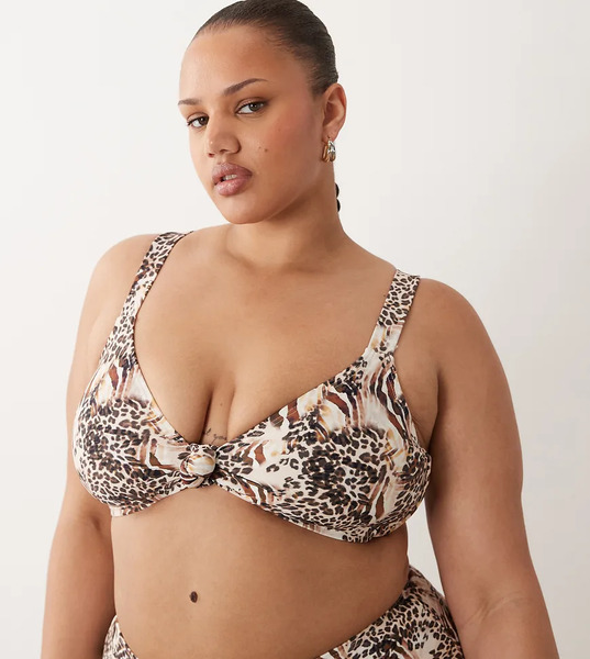  South Beach Curve Top De Bikini Con Estampado De Leopardo Y Detalle Anudado En La Parte Delantera De South Beach Curve-marrón 