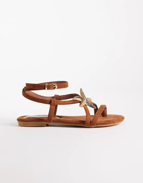  South Beach Sandalias Marrones Planas De Antelina Con Diseño De Tiras Y Detalle De Estrella De Mar De South Beach-brown 
