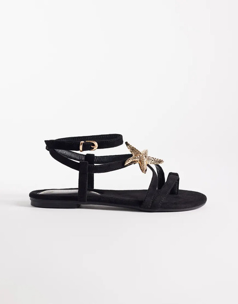  South Beach Sandalias Negras Planas De Antelina Con Diseño De Tiras Y Detalle De Estrella De Mar De South Beach-negro 