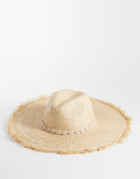  South Beach Sombrero Beis De Ala Ancha Y Estilo Cowboy Con Bordes Deshilachados Y Adornos De Conchas De South Beach-neutro 