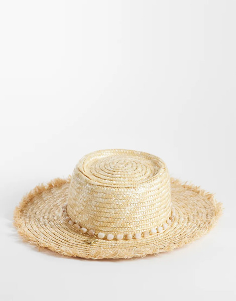  South Beach Sombrero Canotié Beis De Paja Con Diseño Deshilachado Y Adornos De Conchas Y Estrella De Mar De South Beach-neutro 