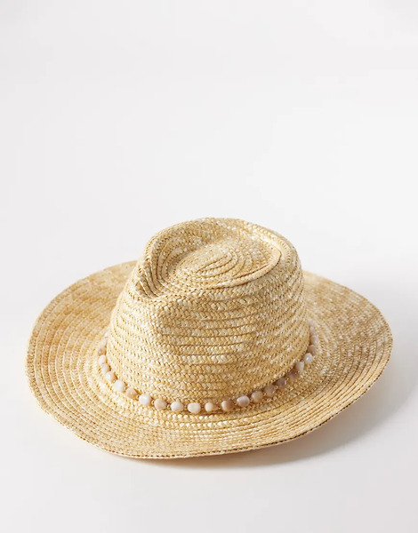  South Beach Sombrero Vaquero Beis De Paja Con Ribete Estilo Conchas De Perlas De Imitación De South Beach-neutro 
