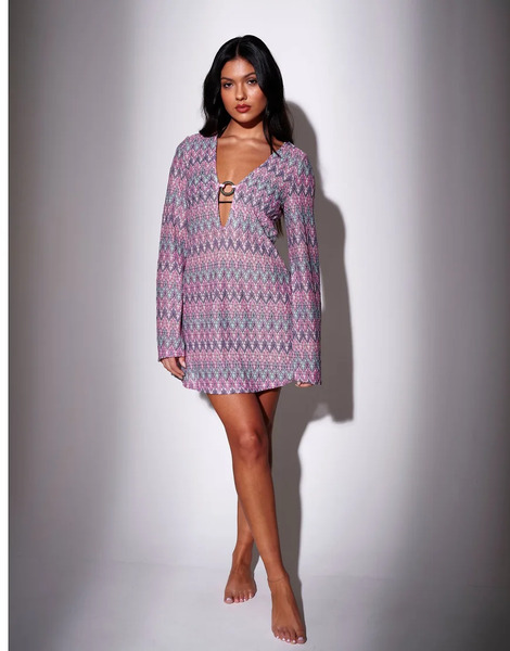  South Beach Vestido Corto Multicolor Estilo Caftán De Croché Con Patrón De Chevrón Y Herraje De Anilla De South Beach 