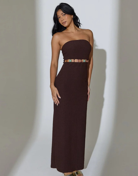  South Beach Vestido Largo Marrón Con Escote Palabra De Honor Y Detalle De Cuentas En La Cintura De Tejido Efecto Arrugado De South Beach-brown 