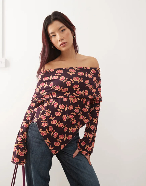  Susmie's Top Multicolor De Manga Larga Con Estampado Floral, Bajo Asimétrico Y Hombros Descubiertos Bruma De Susmie's 