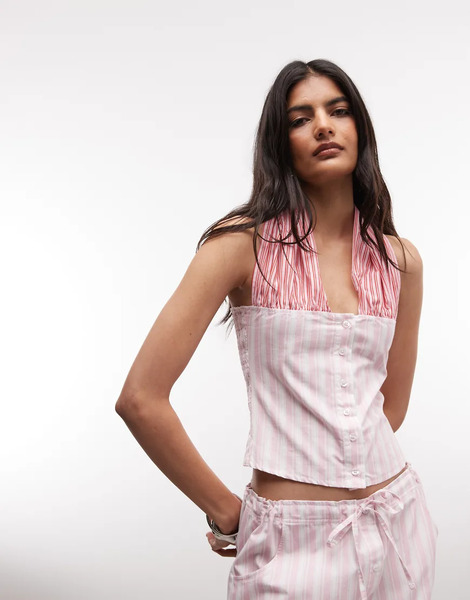  Susmie's Top Rosa A Rayas Con Cuello Halter En Contraste De Popelina Isabela De Susmie's (parte De Un Conjunto) 