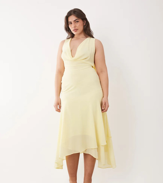  Tfnc Plus Vestido De Dama De Honor Midi Amarillo Limón Con Cuello Desbocado Y Detalle De Fular De Chifón De Tfnc Plus 