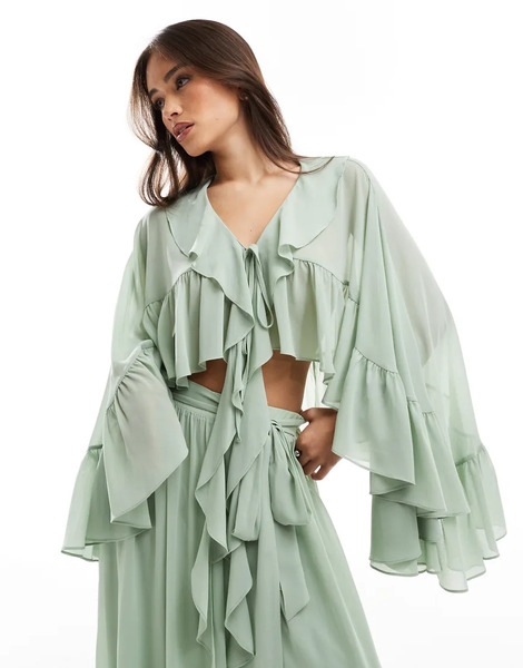  Tfnc Top Verde Salvia Estilo Capa Con Lazada Delantera Y Detalle De Volantes De Tfnc (parte De Un Conjunto) 