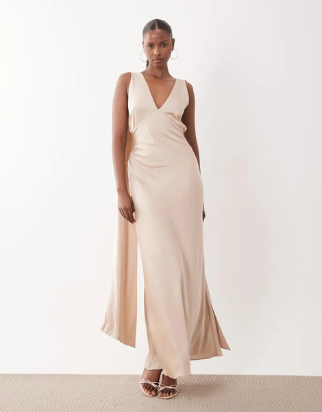  Tfnc Vestido De Dama De Honor Largo Color Crema Con Cuello De Pico, Cordones Y Fular De Satén De Tfnc-blanco 