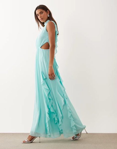  Tfnc Tfnc - Vestido Largo Color Aguamarina Con Cuello Alto, Espalda Abierta Y Abertura Hasta El Muslo Con Detalle De Volantes-azul 