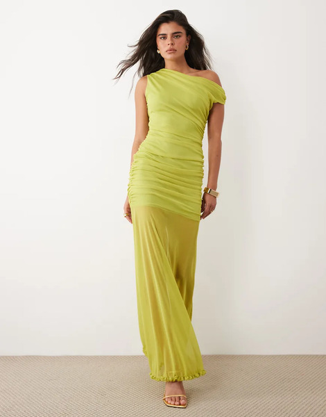  Tfnc Tfnc - Vestido Largo Verde Lima Fruncido Con Hombro Descubierto Asimétrico Y Bajo Transparente De Malla 