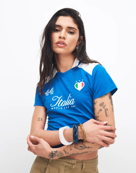  The Frolic Camiseta Azul Cobalto Con Diseño Encogido, Cuello De Solapas Y Texto italy De Algodón Exclusiva De The Frolic 