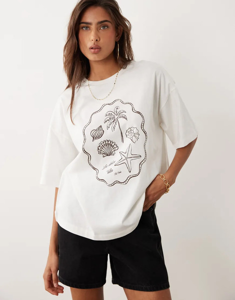  The Frolic Camiseta Color Crema Extragrande Con Estampado Playero Gráfico Veraniego En La Parte Delantera Exclusiva De The Frolic-blanco 