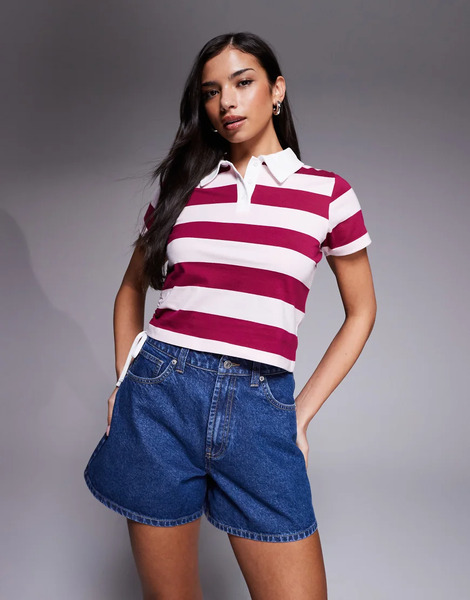  The Frolic Polo Burdeos Y Rosa A Rayas Con Lateral Fruncido Y Cuello De Solapas De Algodón Exclusivo De The Frolic-rojo 