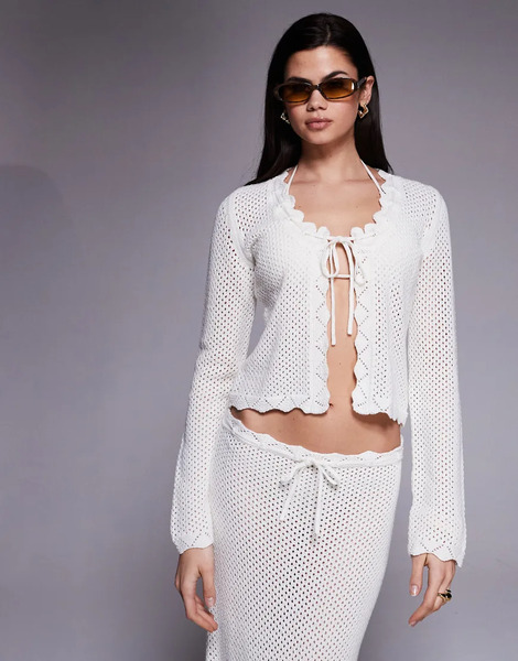 The Frolic Top Playero Color Crema De Manga Larga Con Abertura Delantera Con Lazada Y Bordes Festoneados De Croché Calado Rico En Algodón Exclusivo De The Frolic (parte De Un Conjunto)-blanco 