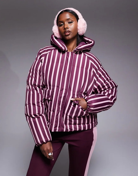 Threadbare Abrigo De Esquí Burdeos Y Rosa A Rayas Acolchado Con Capucha De Threadbare Ski-rojo 