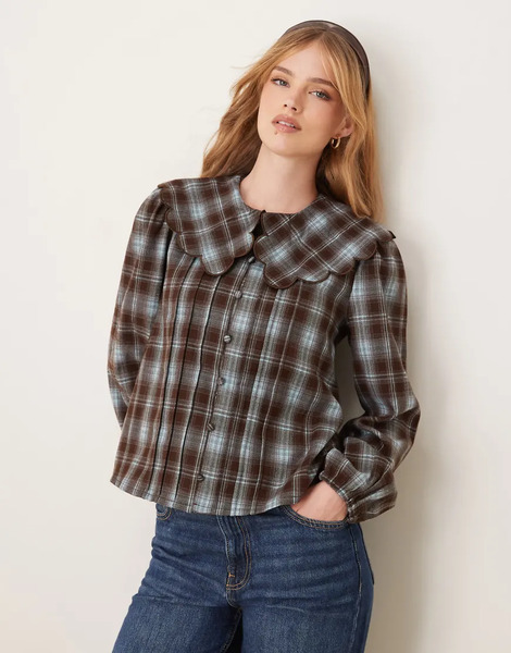  Threadbare Blusa Azul A Cuadros Con Cuello Babero De Threadbare 