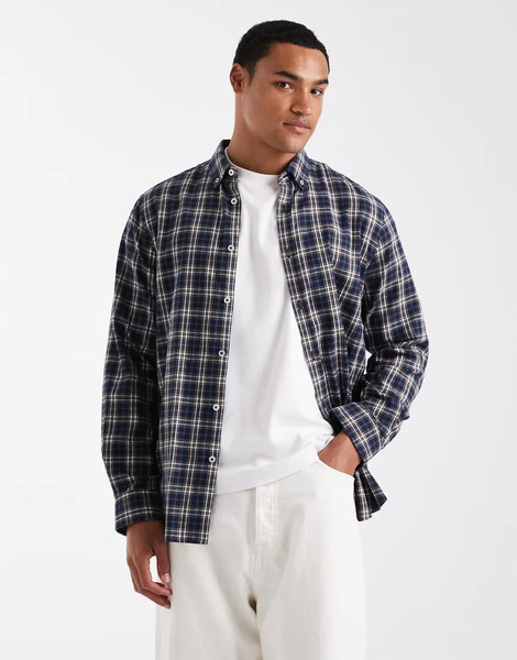  Threadbare Camisa Azul Marino A Cuadros De Franela De Algodón De Threadbare 