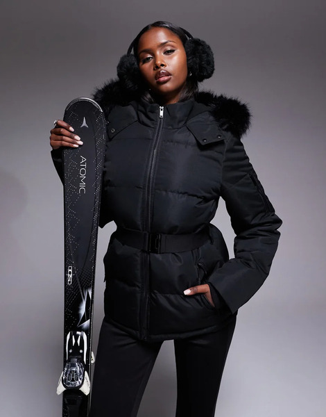  Threadbare Chaqueta De Esquí Negra Acolchada Con Ribete De Piel Sintética En La Capucha De Threadbare Ski-negro 