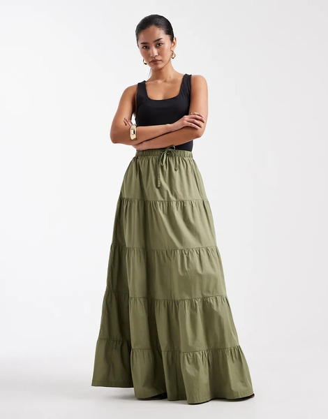  Threadbare Falda Larga Verde Oliva Escalonada De Popelina De Threadbare 