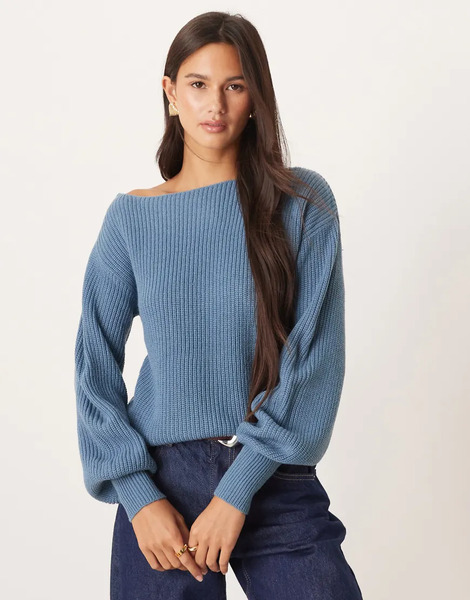  Threadbare Jersey Azul Con Cuello Barco Y Mangas Globo De Punto De Threadbare 