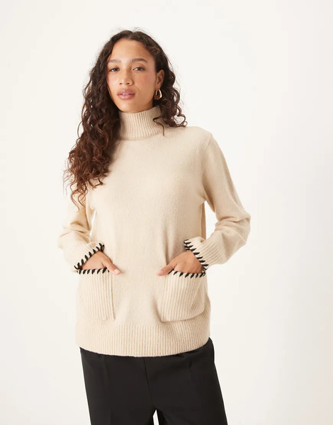 Threadbare Jersey Color Crudo Con Cuello Alto, Ribetes De Punto Festón En Contraste Y Bolsillo Delantero De Threadbare-blanco 