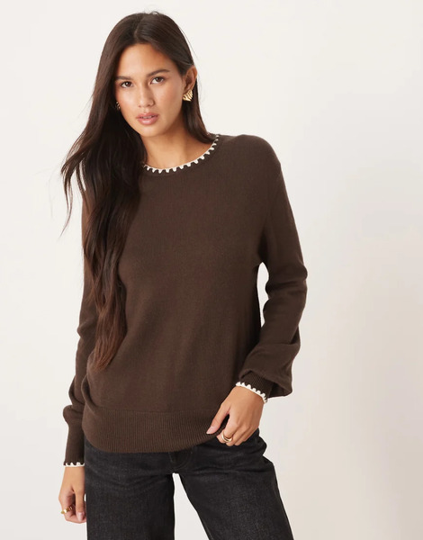  Threadbare Jersey Marrón Chocolate Con Cuello Redondo Y Ribetes De Punto Festón En Contraste De Threadbare-brown 