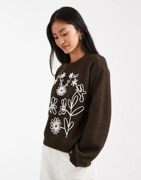  Threadbare Jersey Marrón Con Cuello Redondo Y Flores Bordadas De Threadbare-brown 