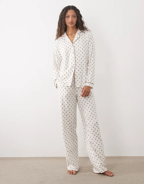  Threadbare Threadbare - Pijama Blanco Y Marrón Abotonado Con Estampado De Lunares De Tejido Muy Suave 