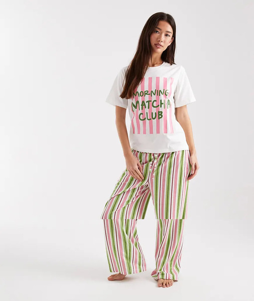  Threadbare Pijama De Manga Corta Rosa Y Verde A Rayas Con Estampado matcha De Threadbare 